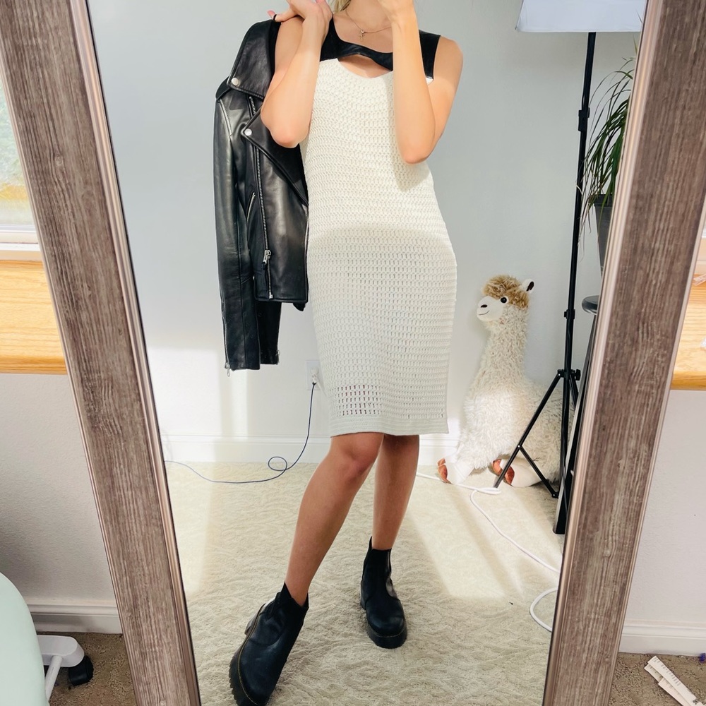 SANDRO ivory knitted dress cotton ship skin leather midi casual moto knee length